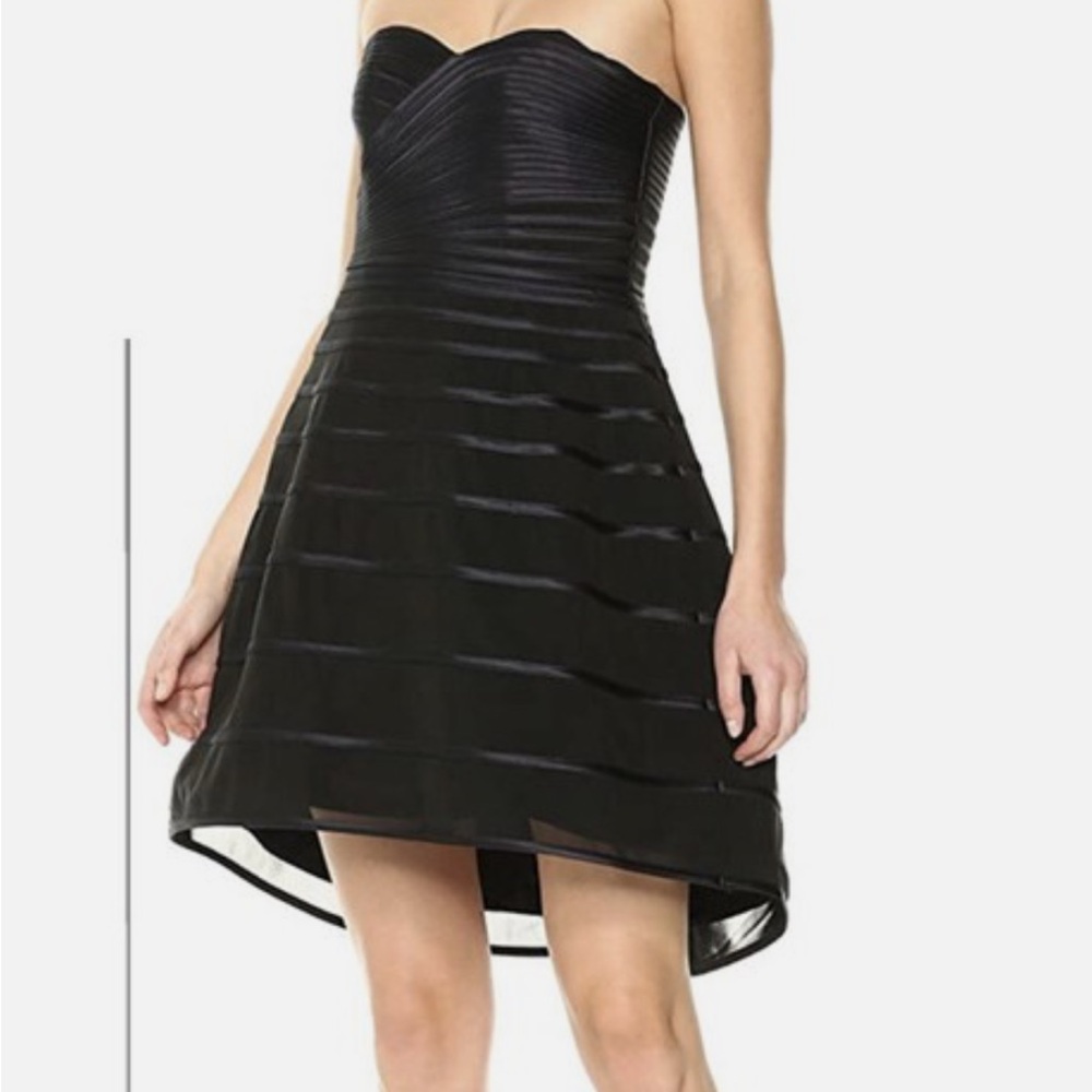 Halston Heritage Striped Hi Lo Strapless Black A-Line Party Dress